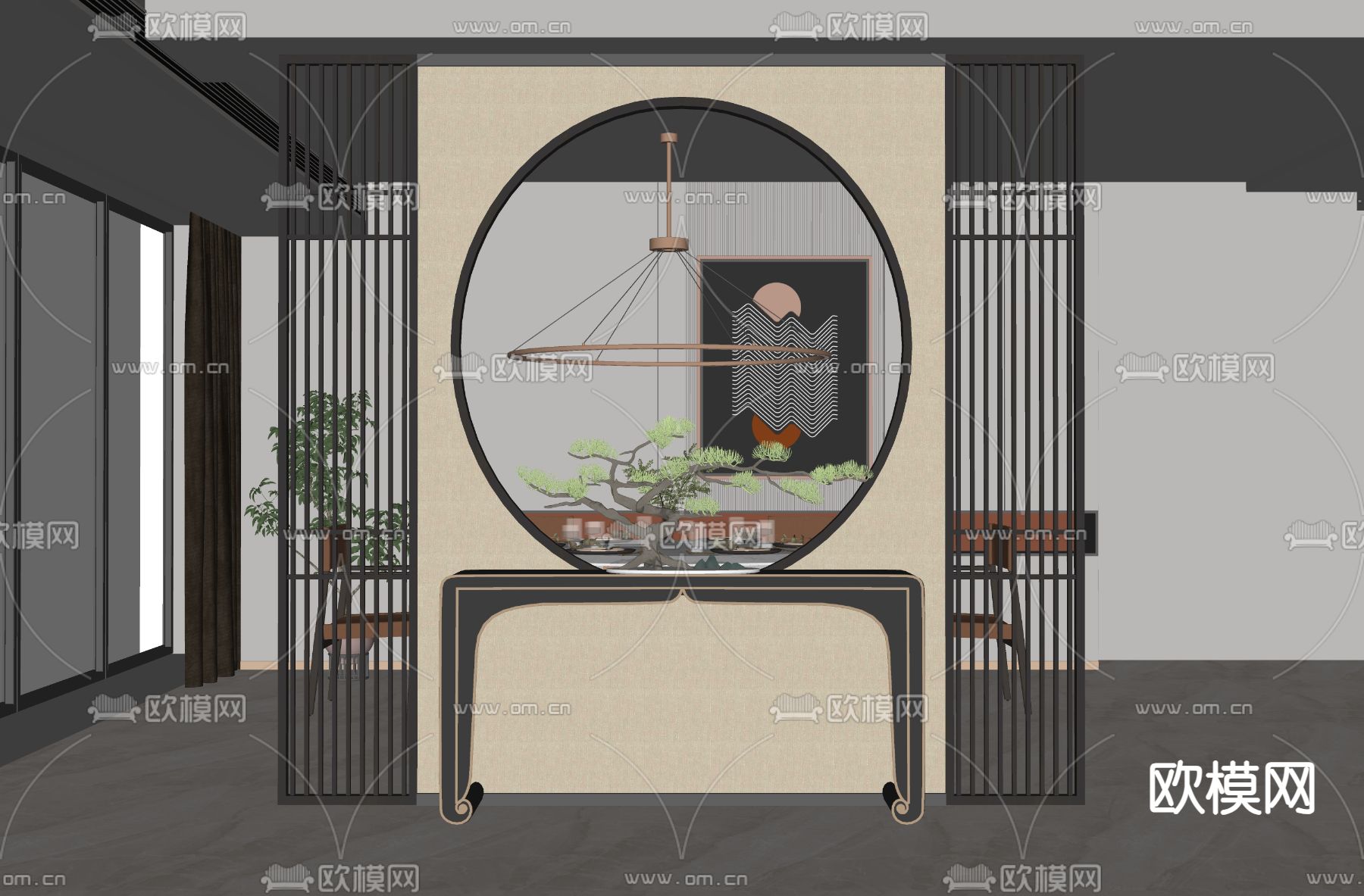 新中式端景条案su模型下载（渲染图2）