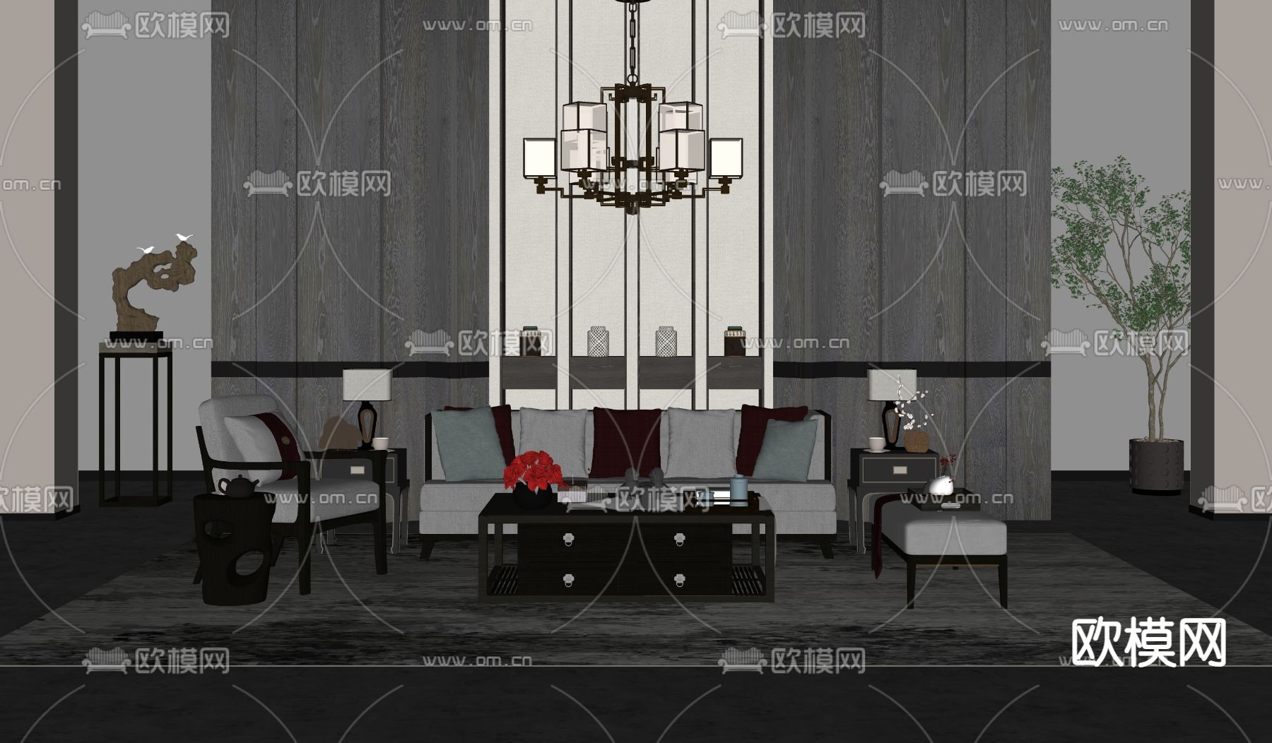 中式组合沙发su模型下载（渲染图2）