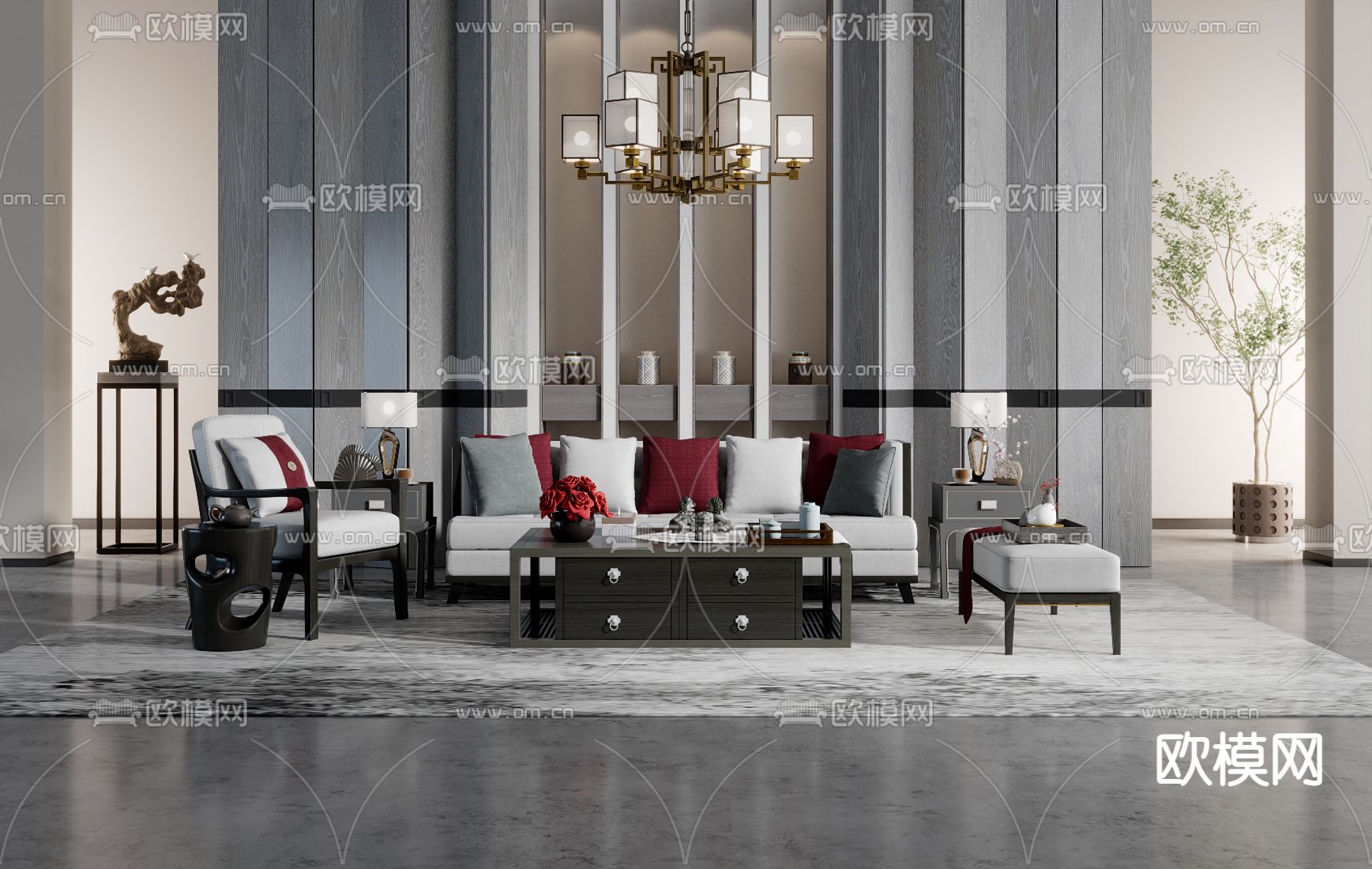 中式组合沙发su模型下载（渲染图1）