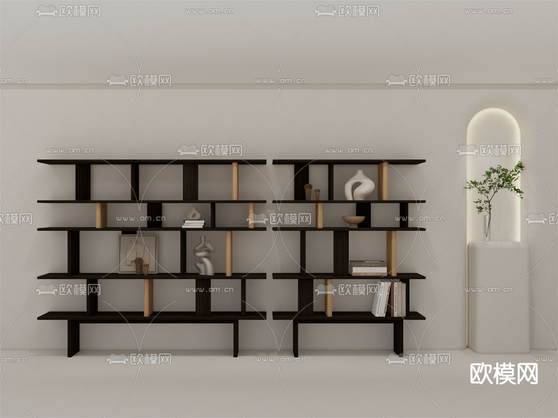 实木书架 置物架su模型下载（渲染图1）