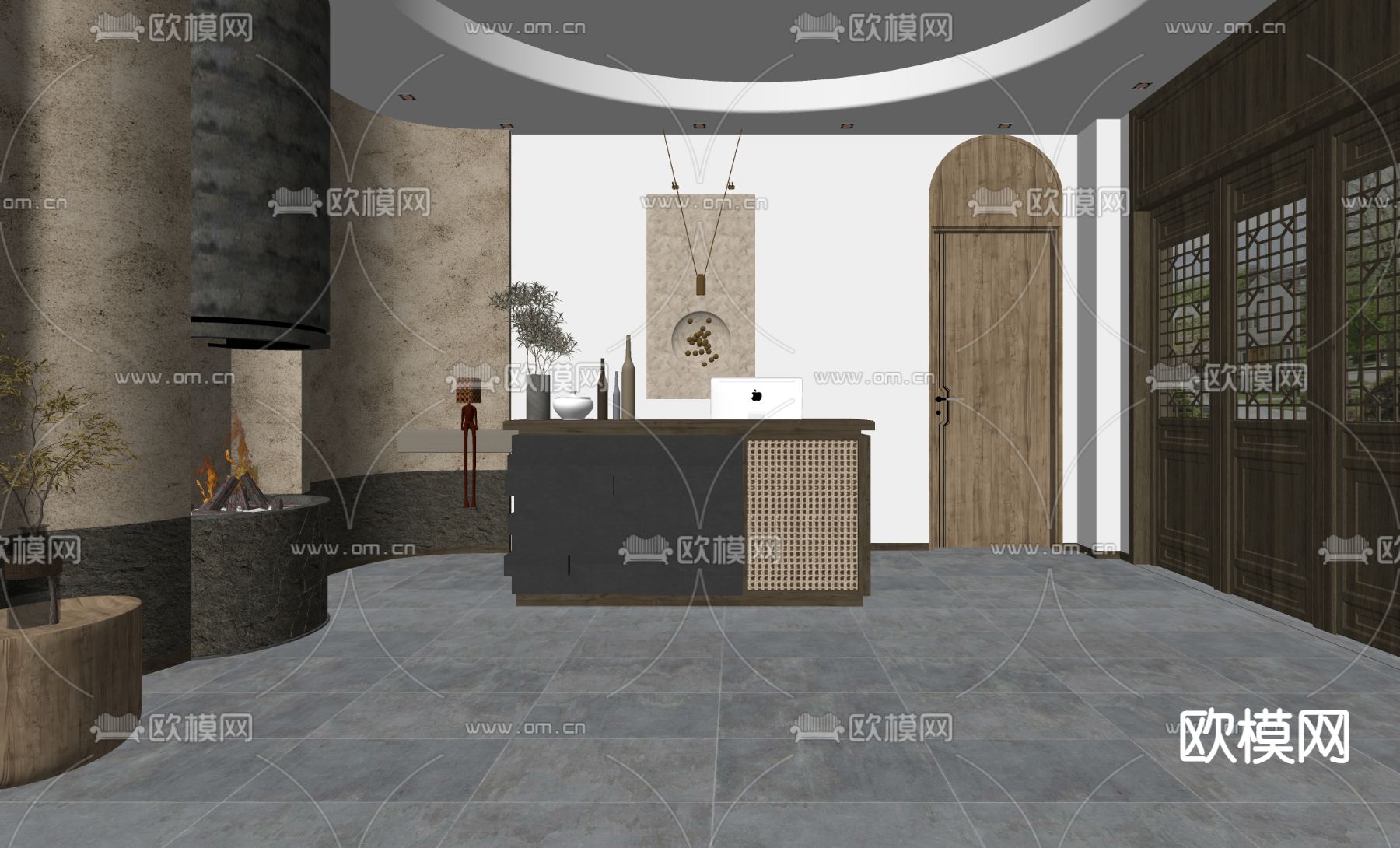 侘寂风民宿前台su模型下载（渲染图2）