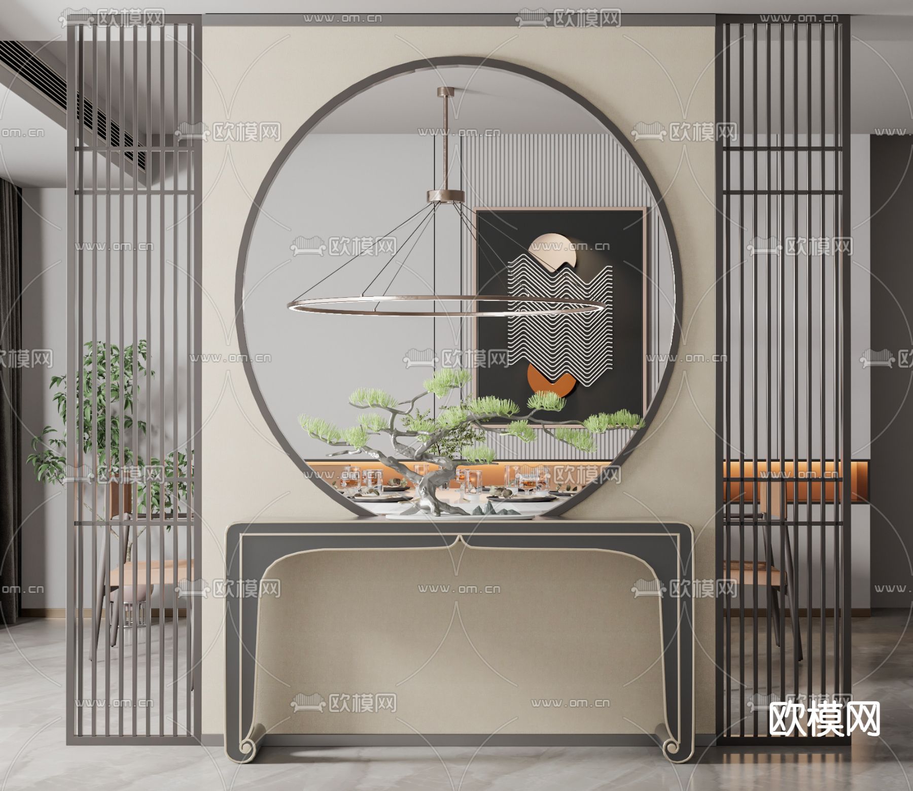 新中式端景条案su模型下载（渲染图1）