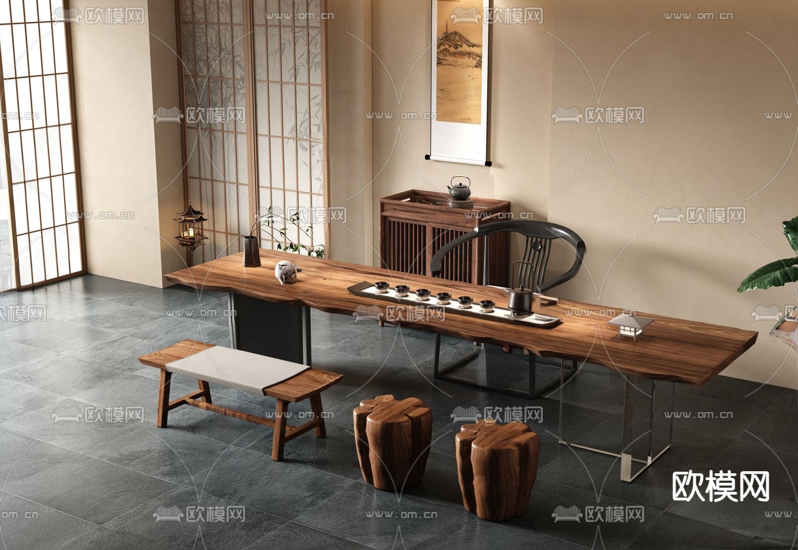 新中式茶桌 茶台su模型下载_ID14237650_sketchup模型下载-欧模网