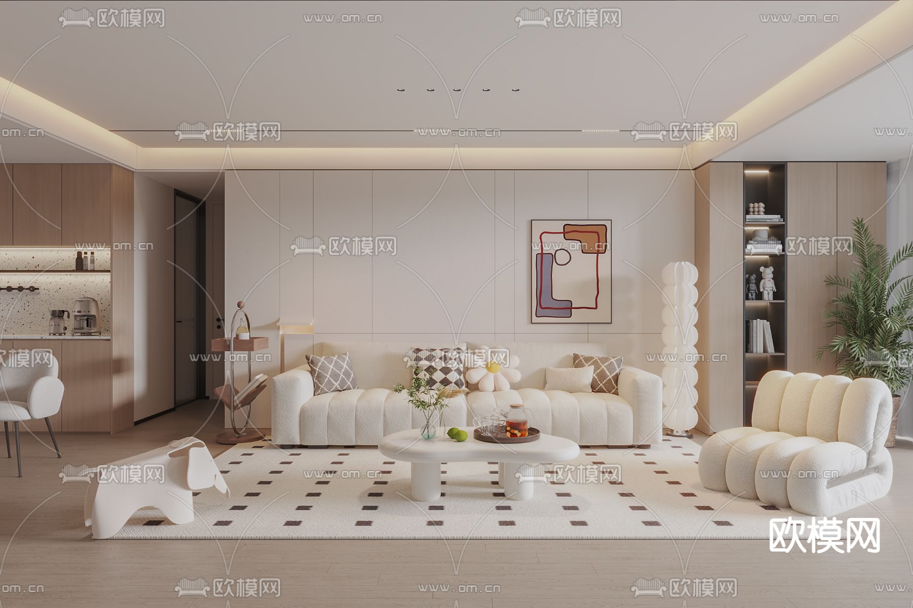 奶油风客厅su模型下载（渲染图1）