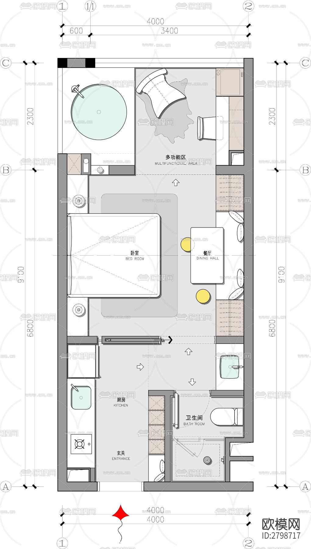 精品户型改造案例-一居室cad施工图下载（渲染图1）