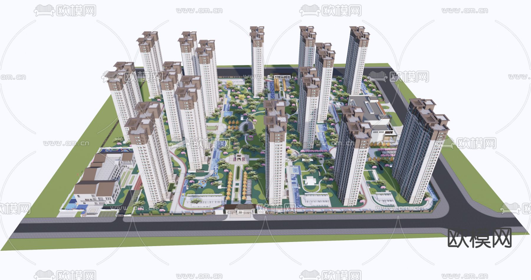 住宅小区 示范区鸟瞰su模型下载（渲染图1）