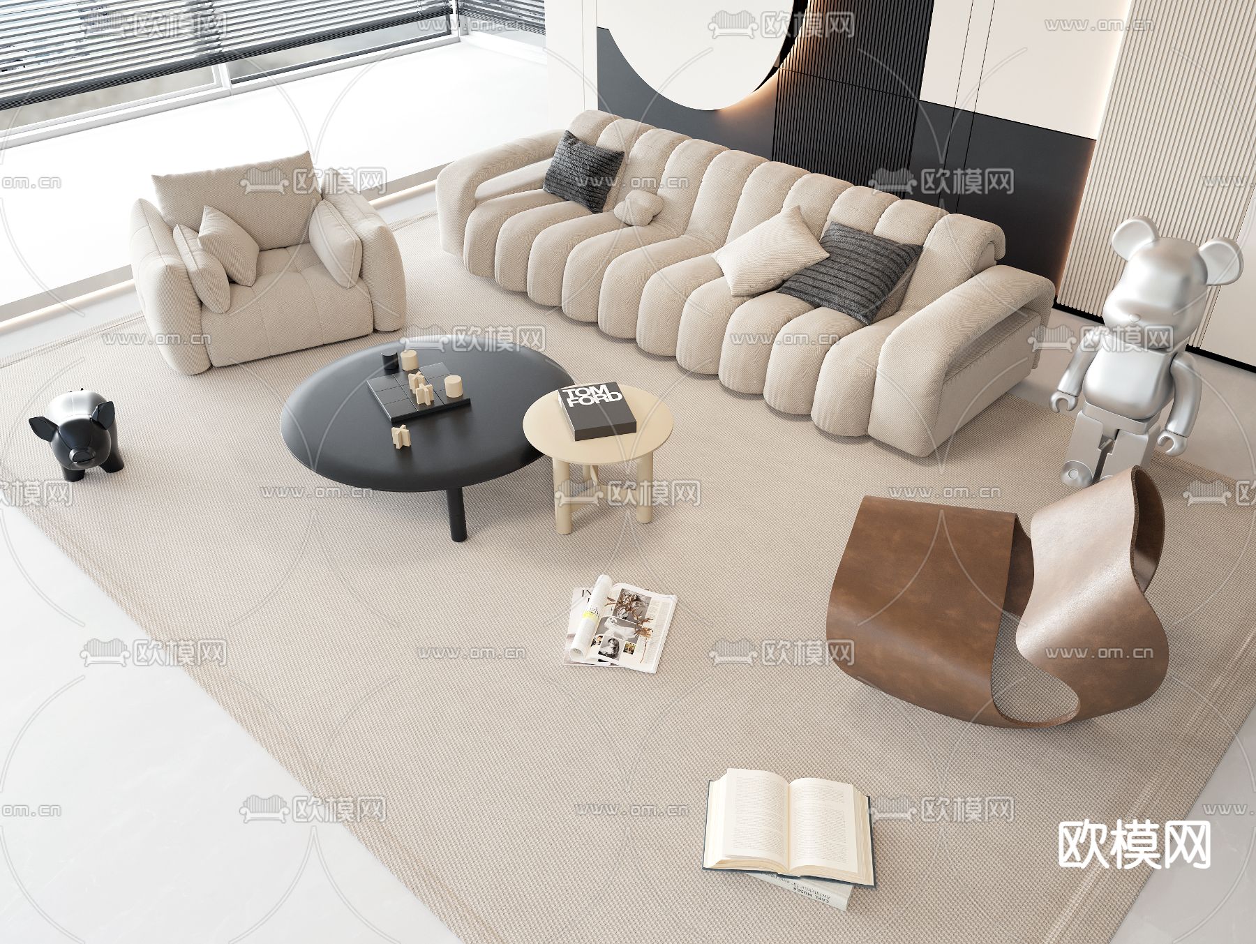现代组合沙发su模型下载（渲染图1）