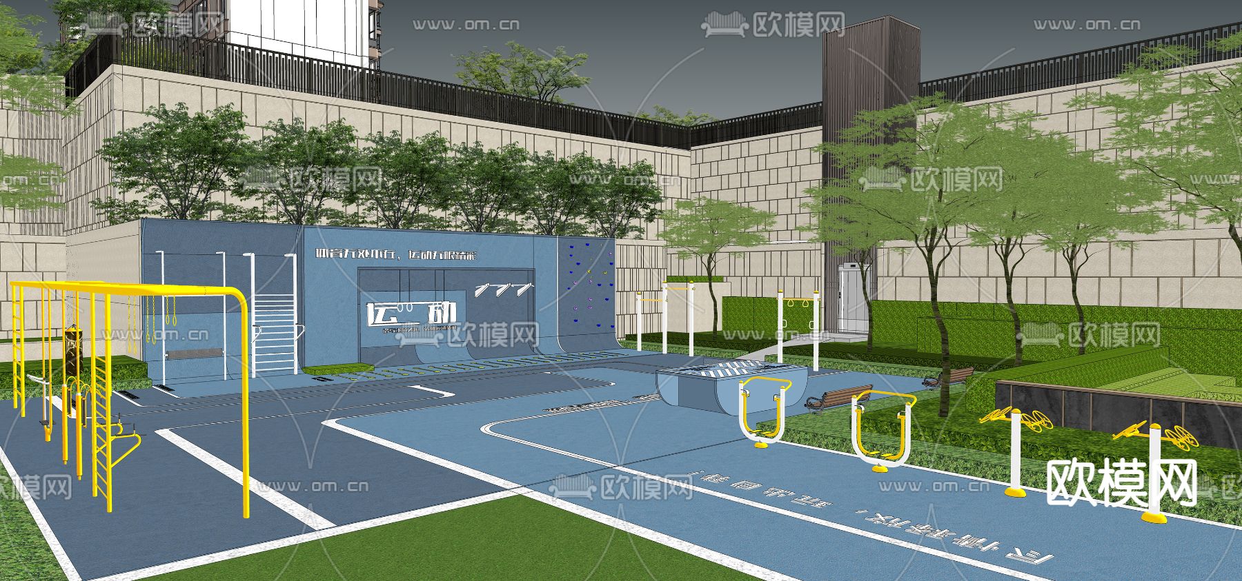 现代健身器材 塑胶场地su模型