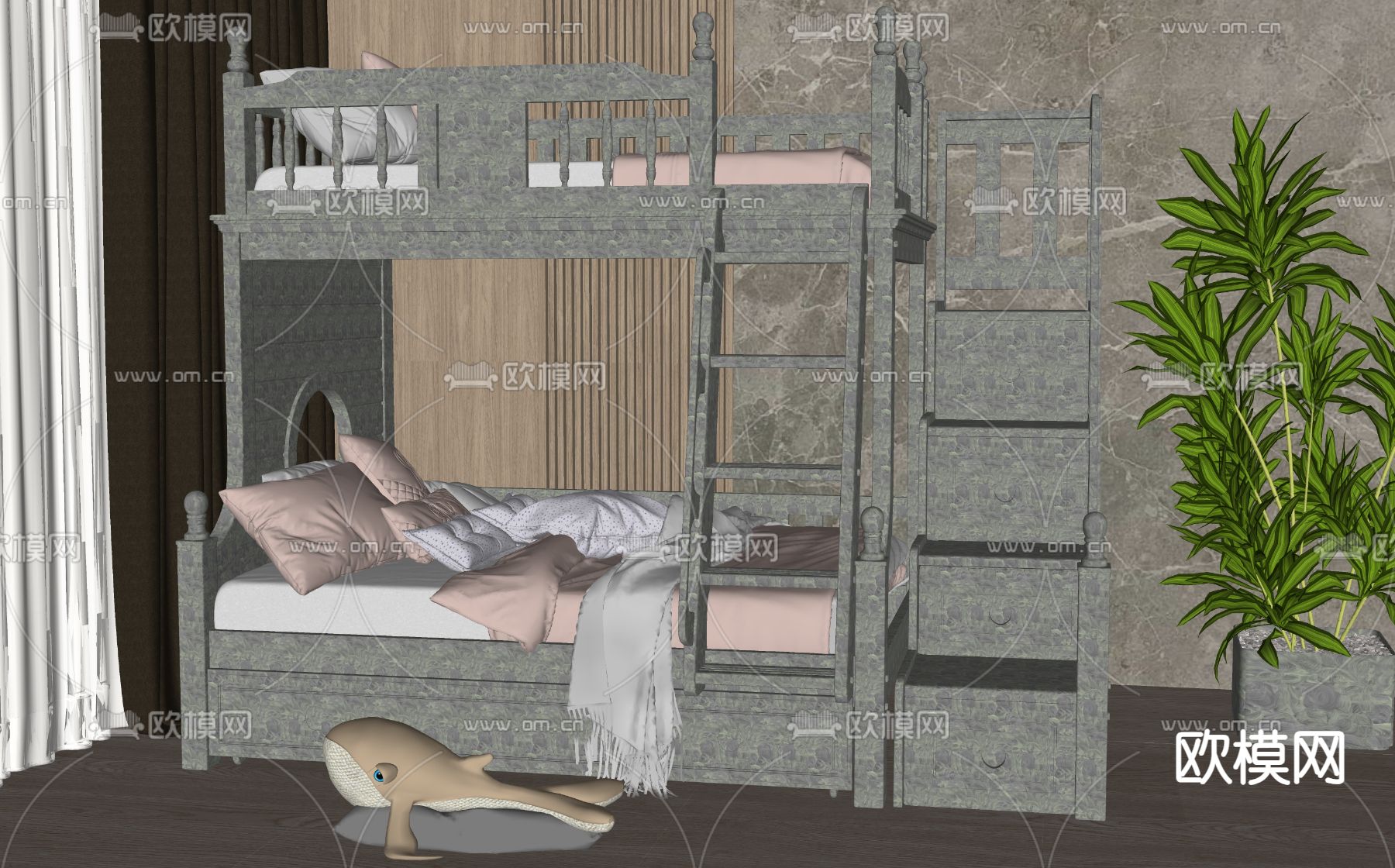 简欧双层床su模型下载（渲染图2）