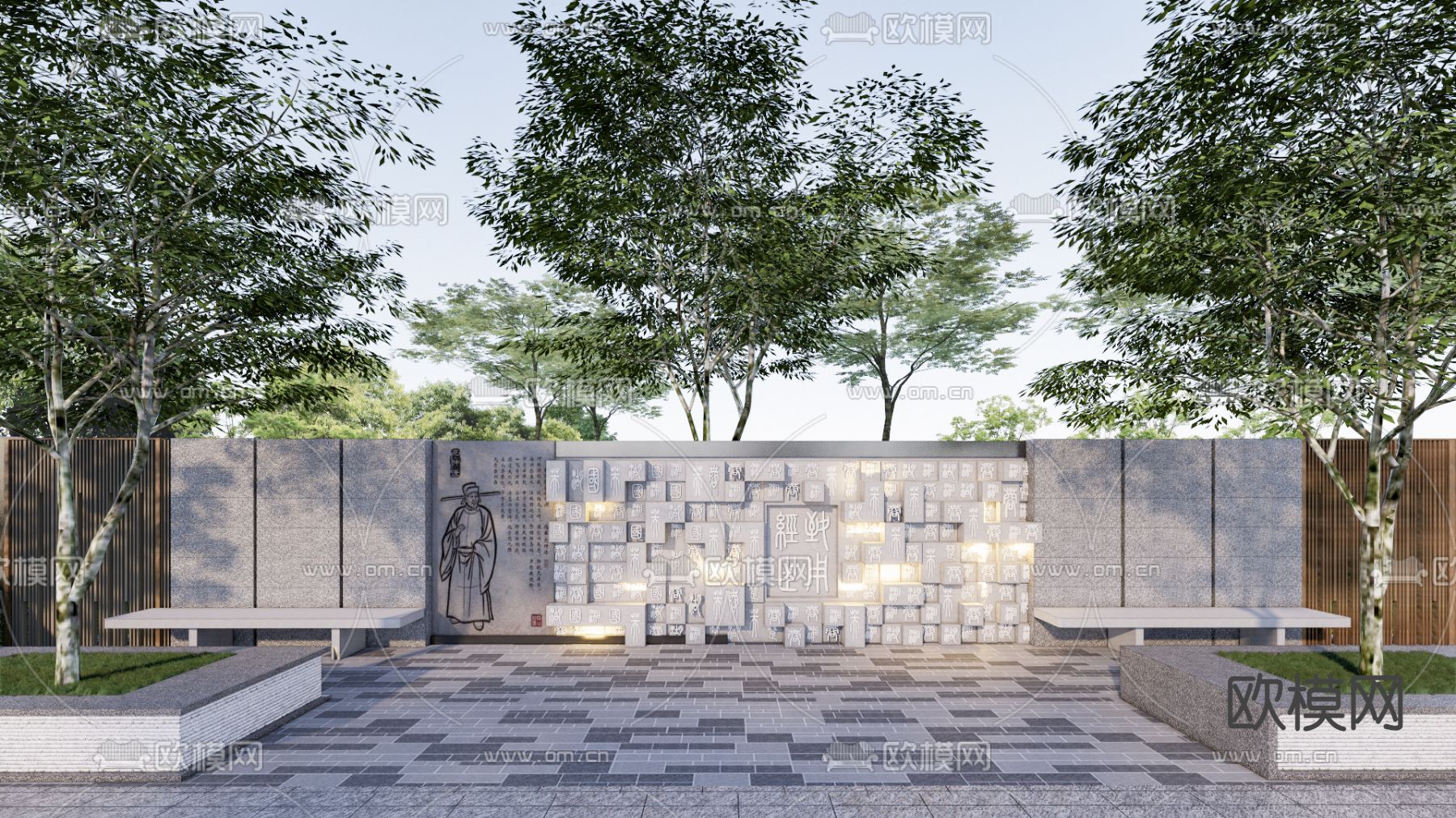 新中式文化背景墙su模型下载（渲染图1）