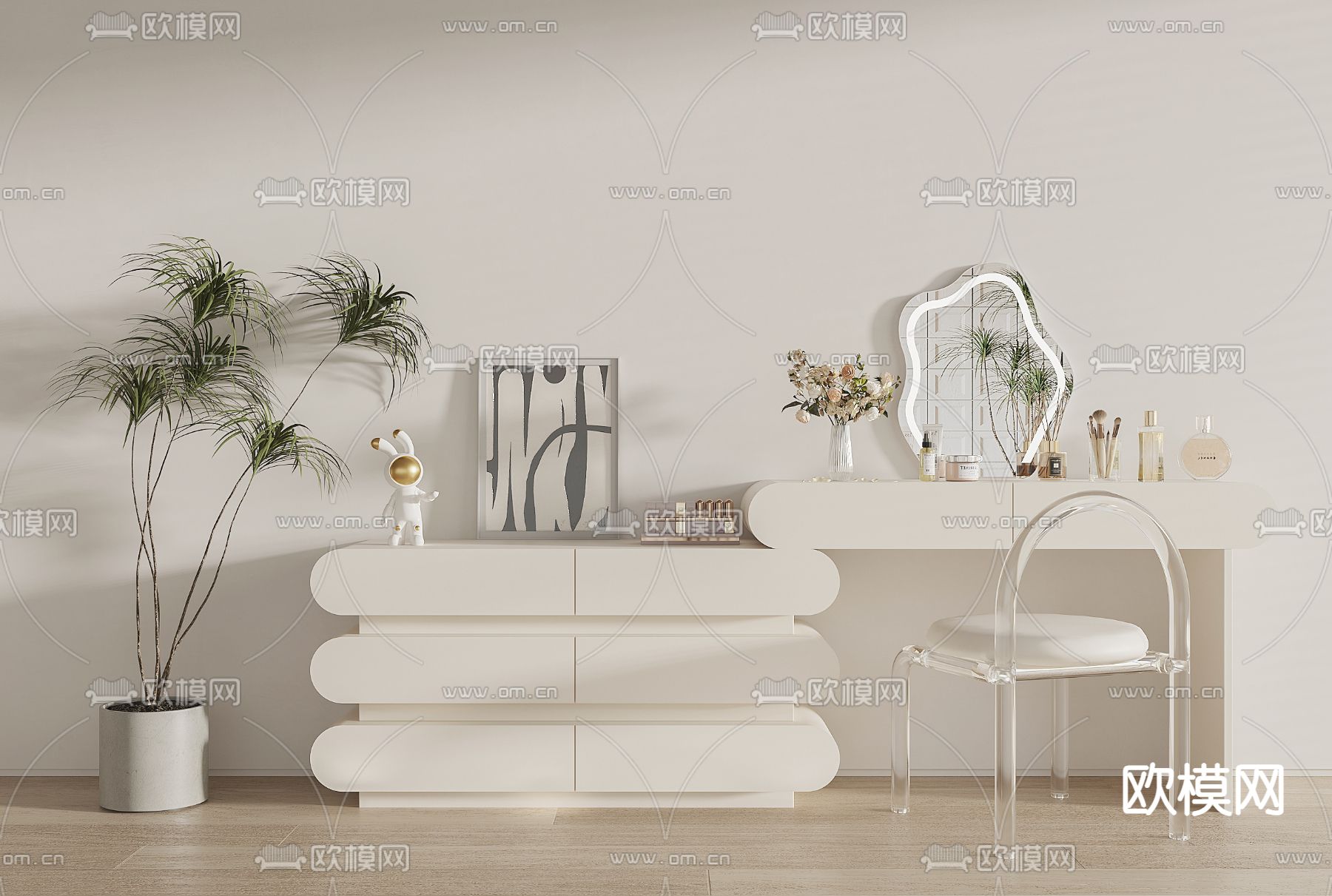 奶油风梳妆台su模型下载（渲染图1）