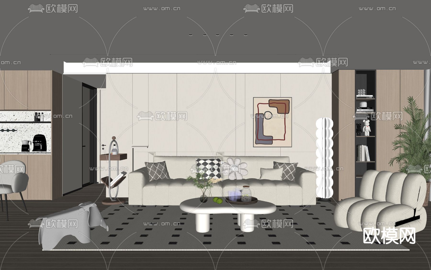 奶油风客厅su模型下载（渲染图2）