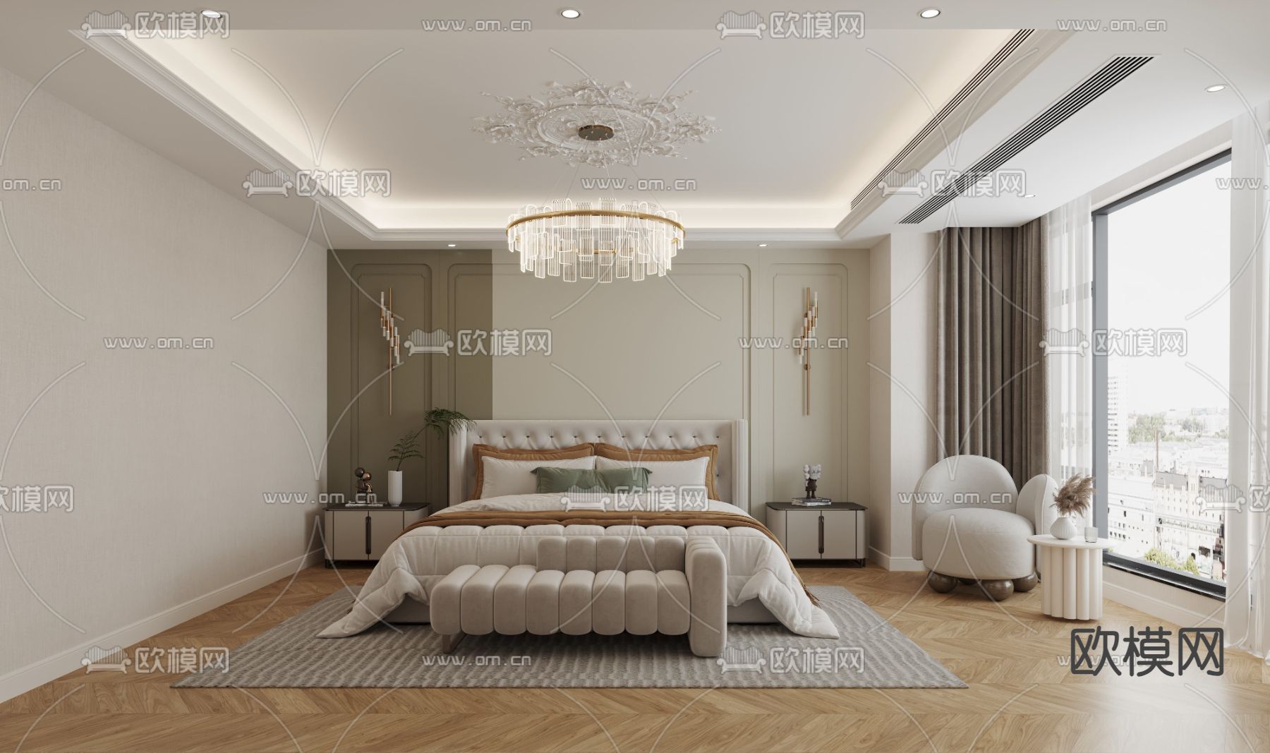 简欧卧室 卧室su模型下载（渲染图1）