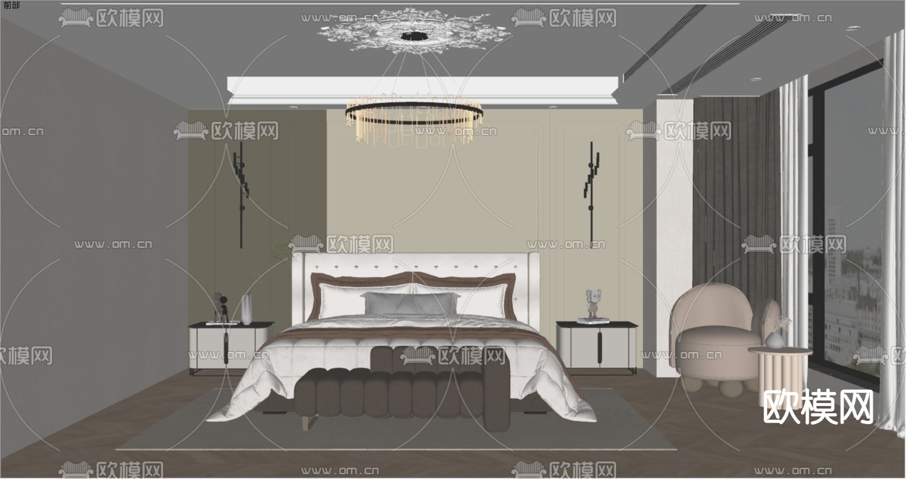 简欧卧室 卧室su模型下载（渲染图2）