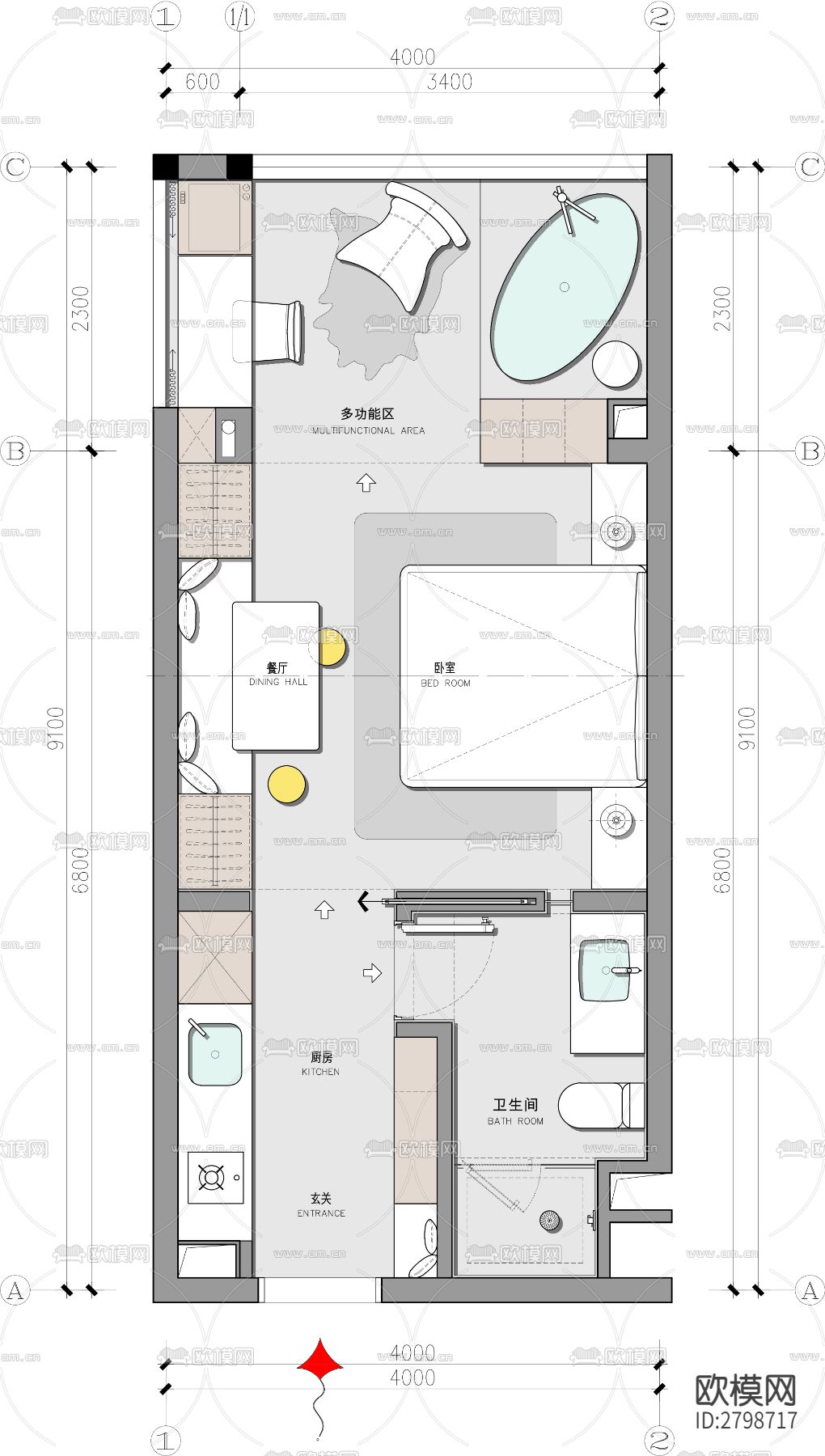 精品户型改造案例-一居室cad施工图下载（渲染图3）