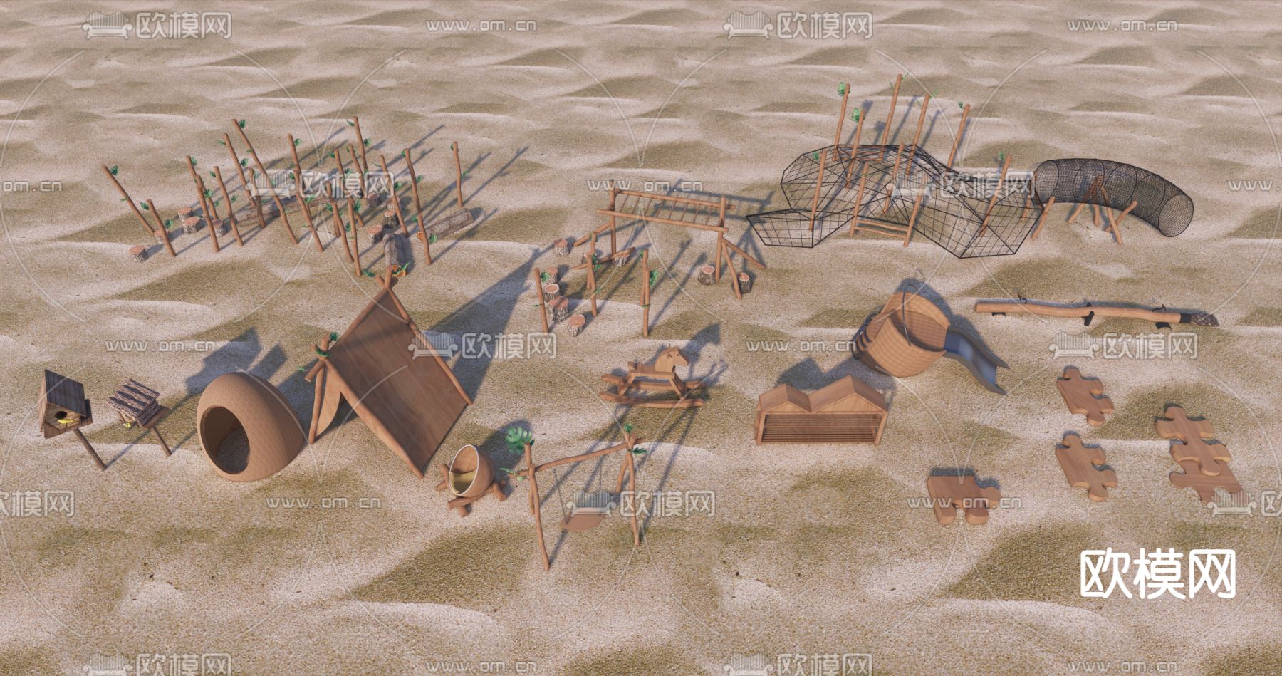 儿童器材 木桶滑梯 木桩su模型