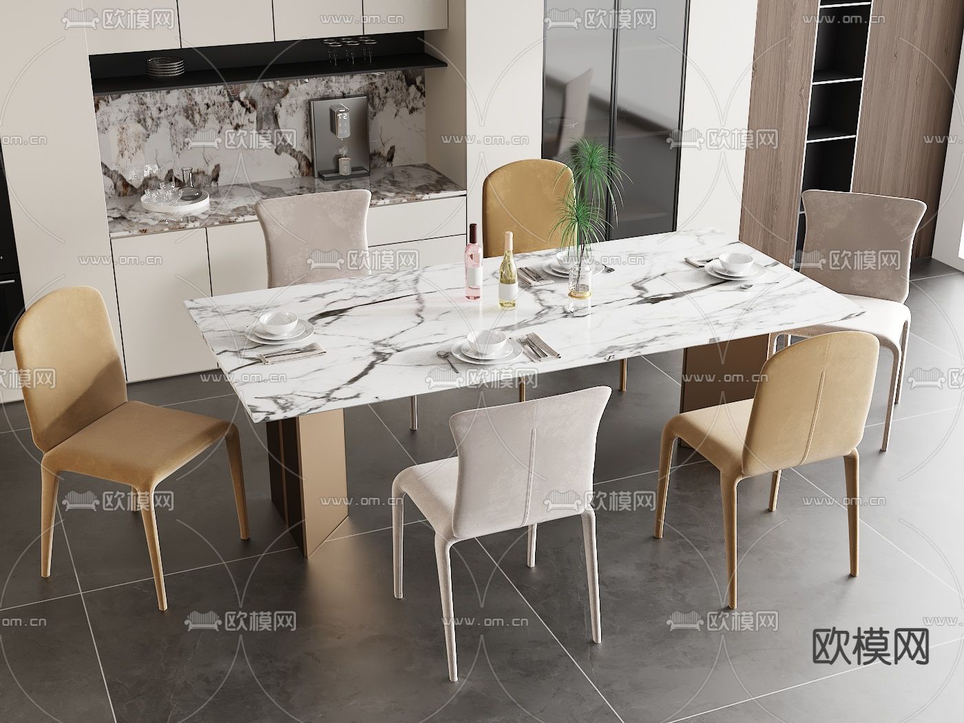 长条餐桌椅3d模型下载