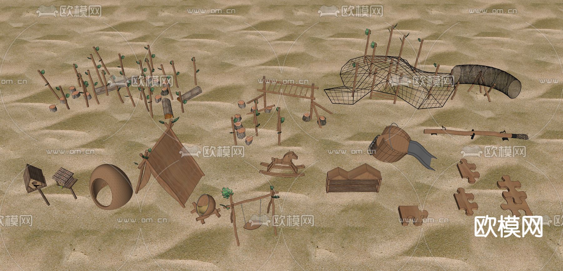 儿童器材 木桶滑梯 木桩su模型