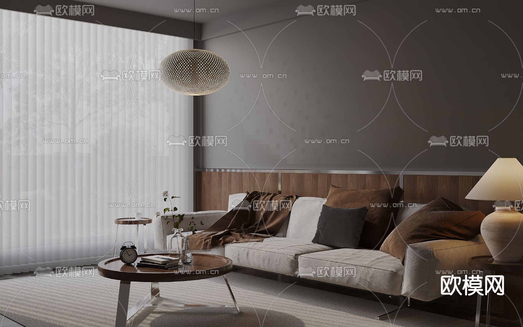 侘寂风多人沙发su模型下载（渲染图1）