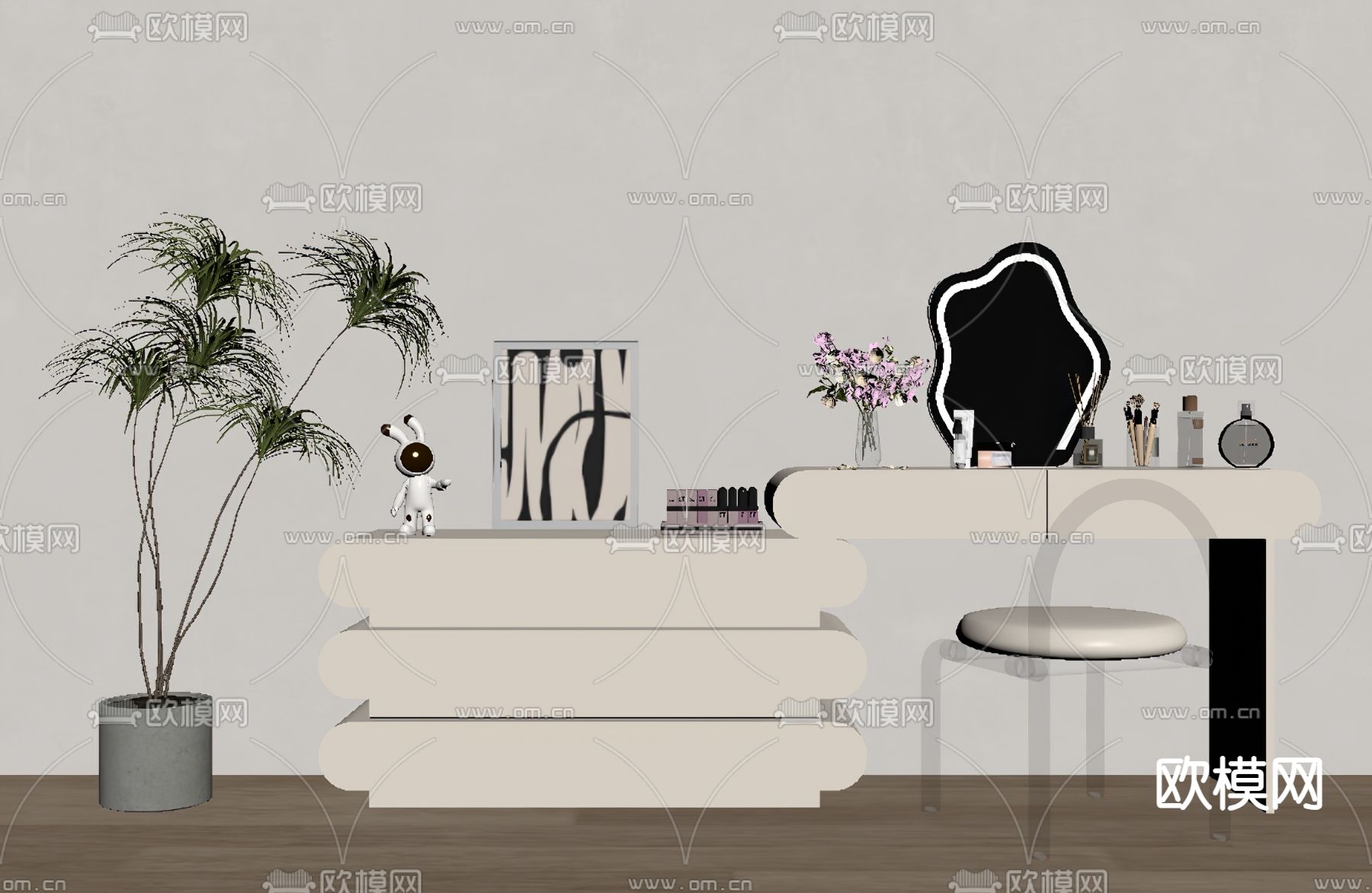 奶油风梳妆台su模型下载（渲染图2）