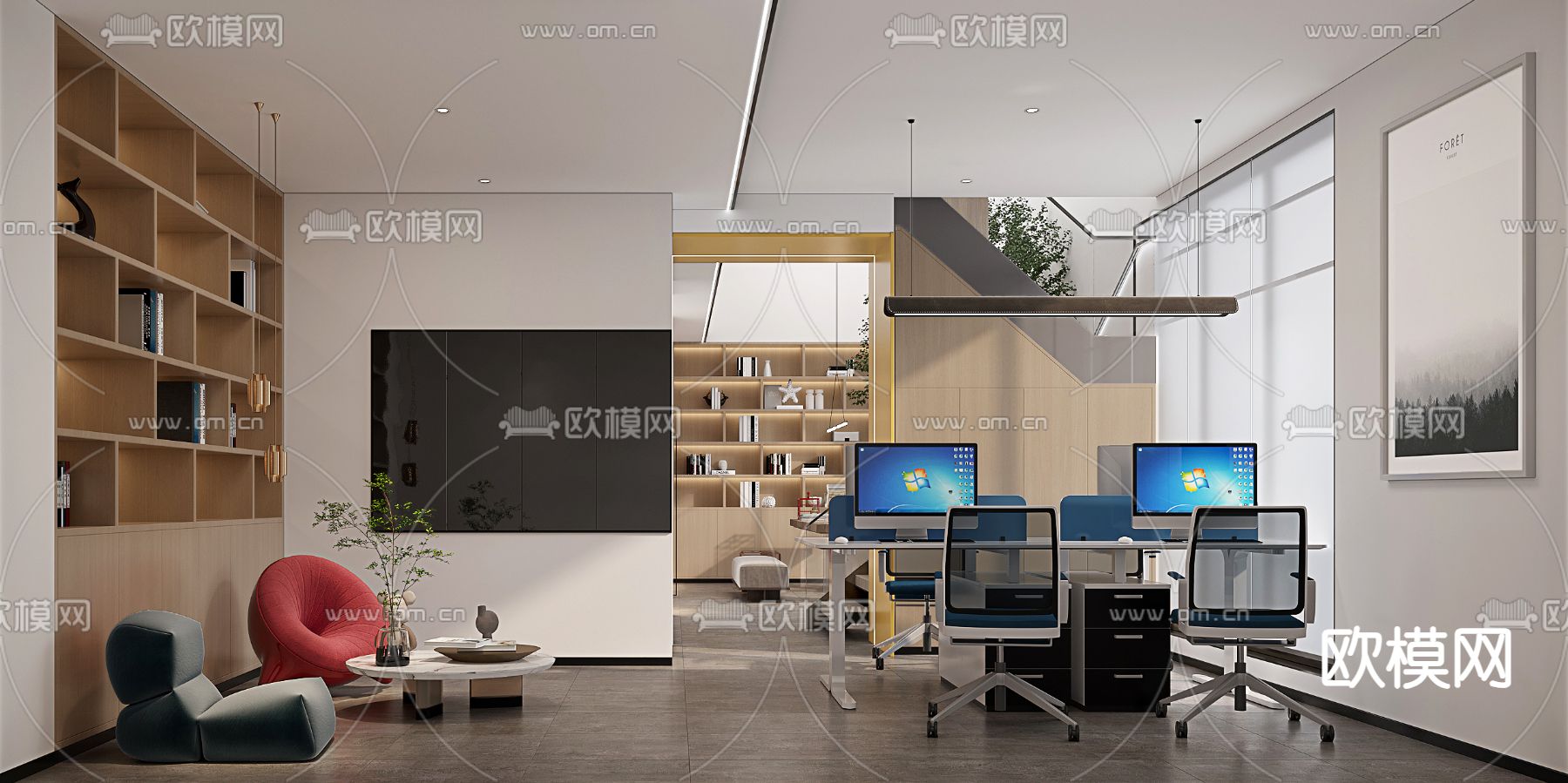 开放式办公室 办公区3d模型下载（渲染图1）