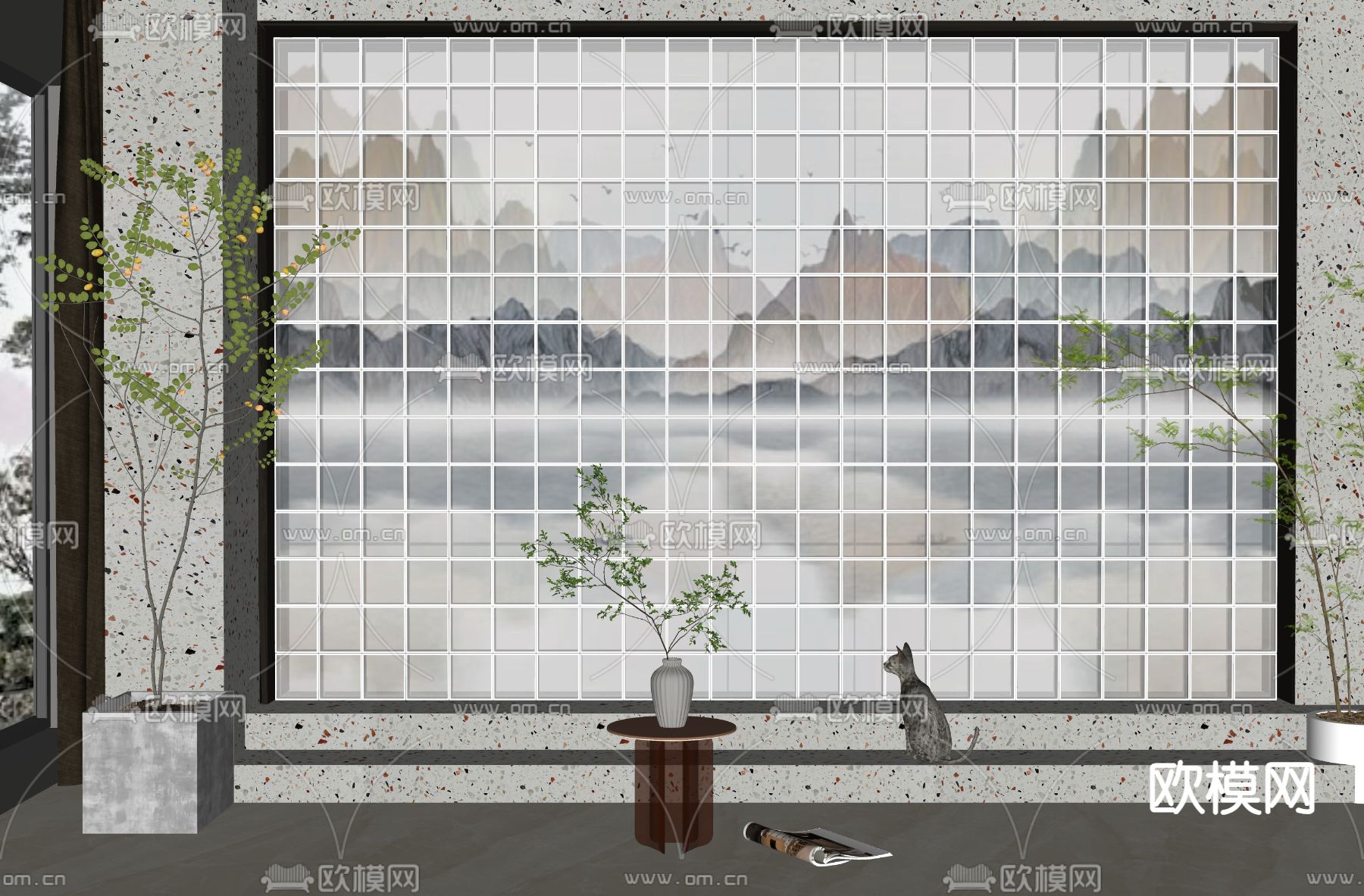 新中式背景墙 隔断su模型下载（渲染图2）