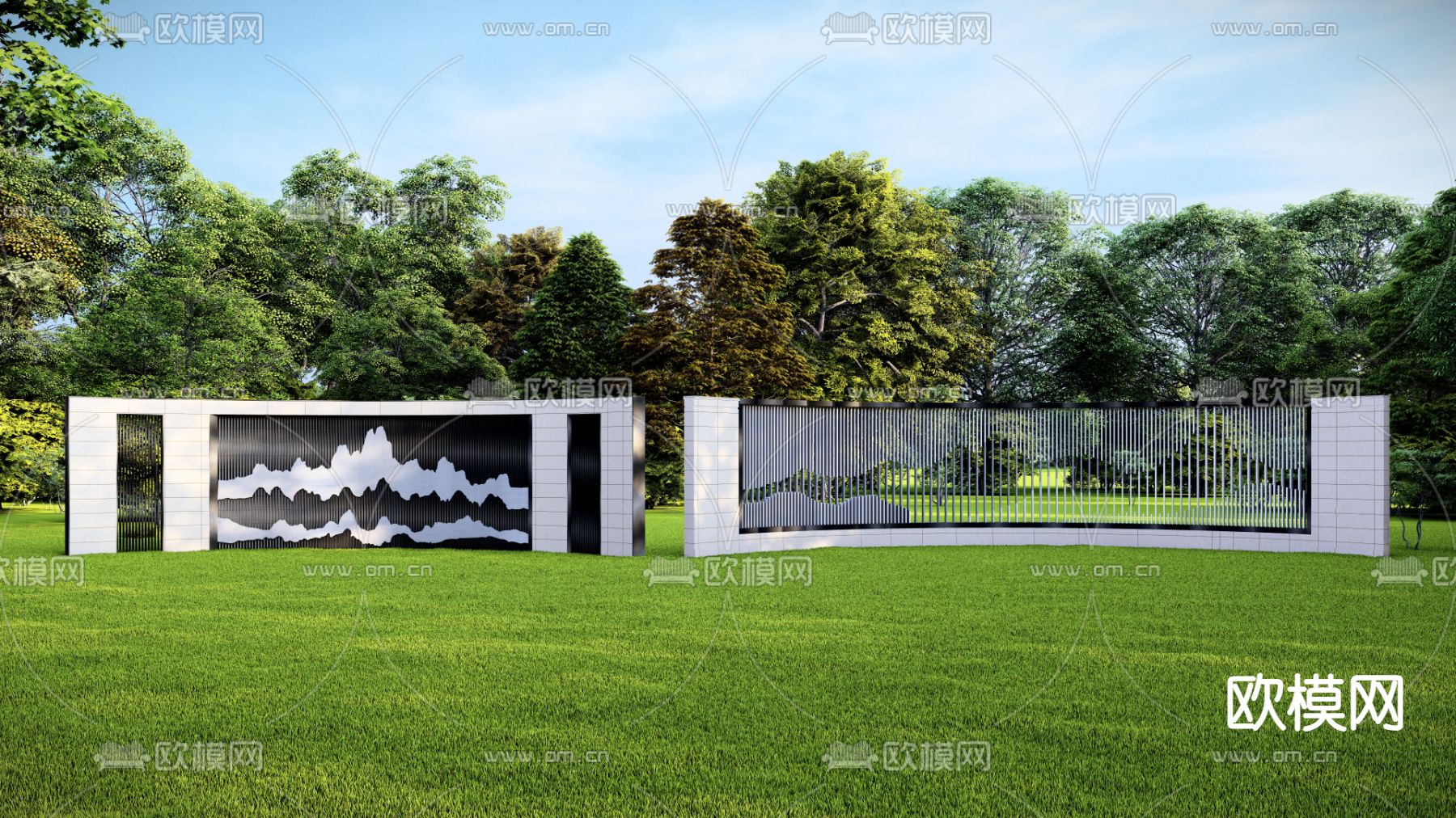 现代弧形格栅景墙 围墙su模型下载（渲染图1）