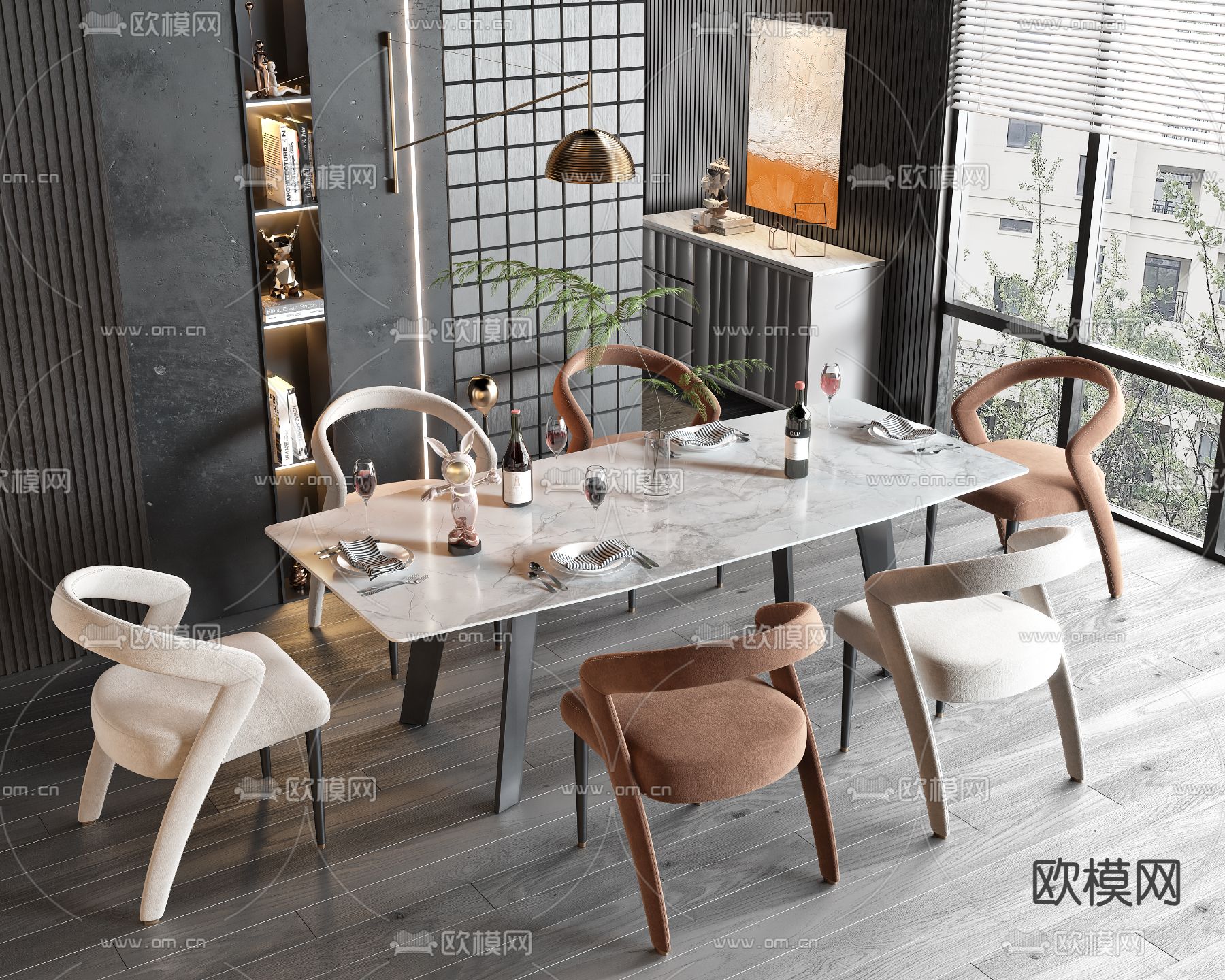 条形餐桌椅3d模型下载