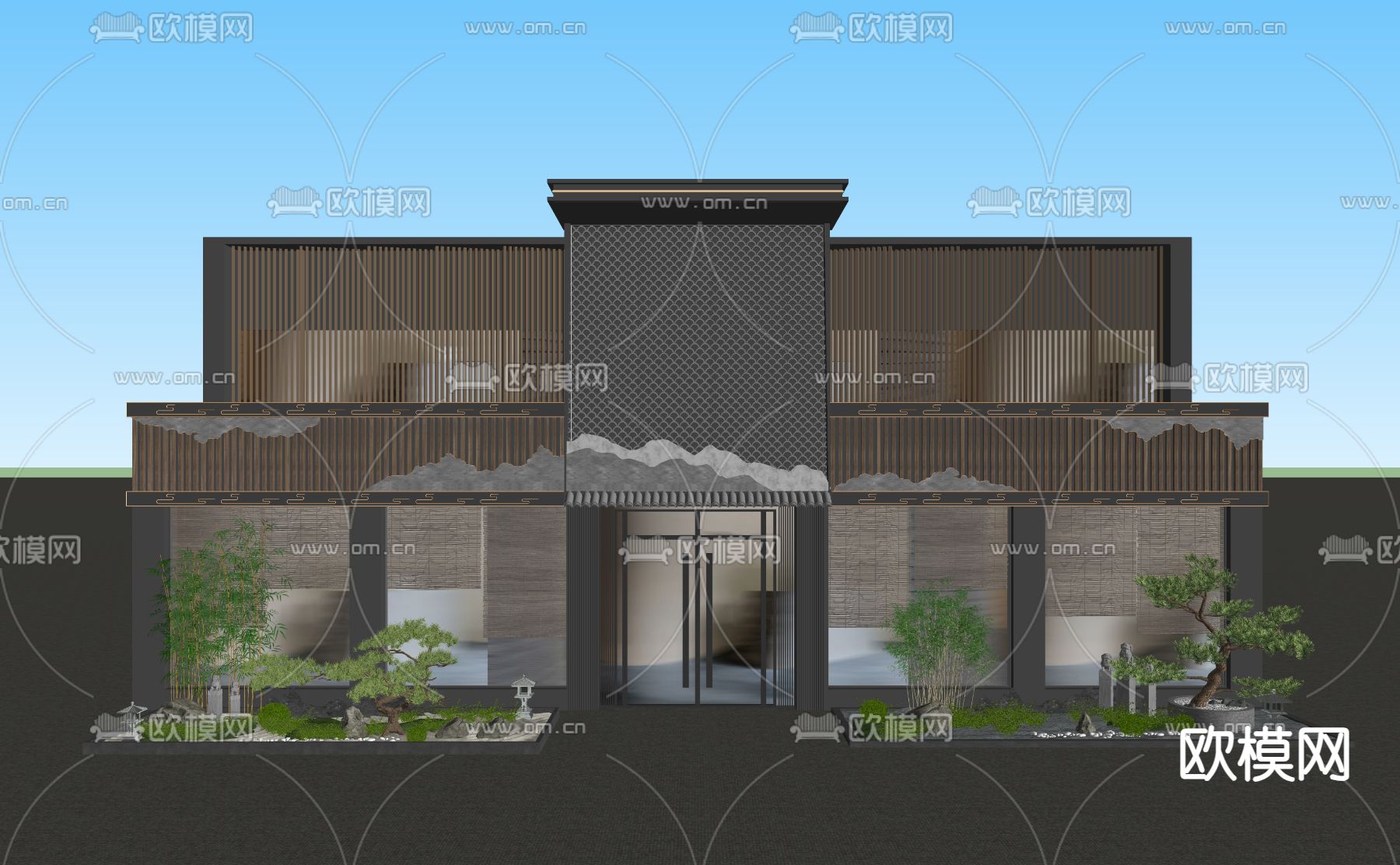 新中式茶馆门头 门面su模型下载（渲染图2）