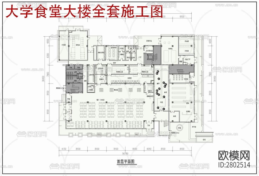 大學(xué)食堂大樓全套CAD施工圖下載(渲染圖1)