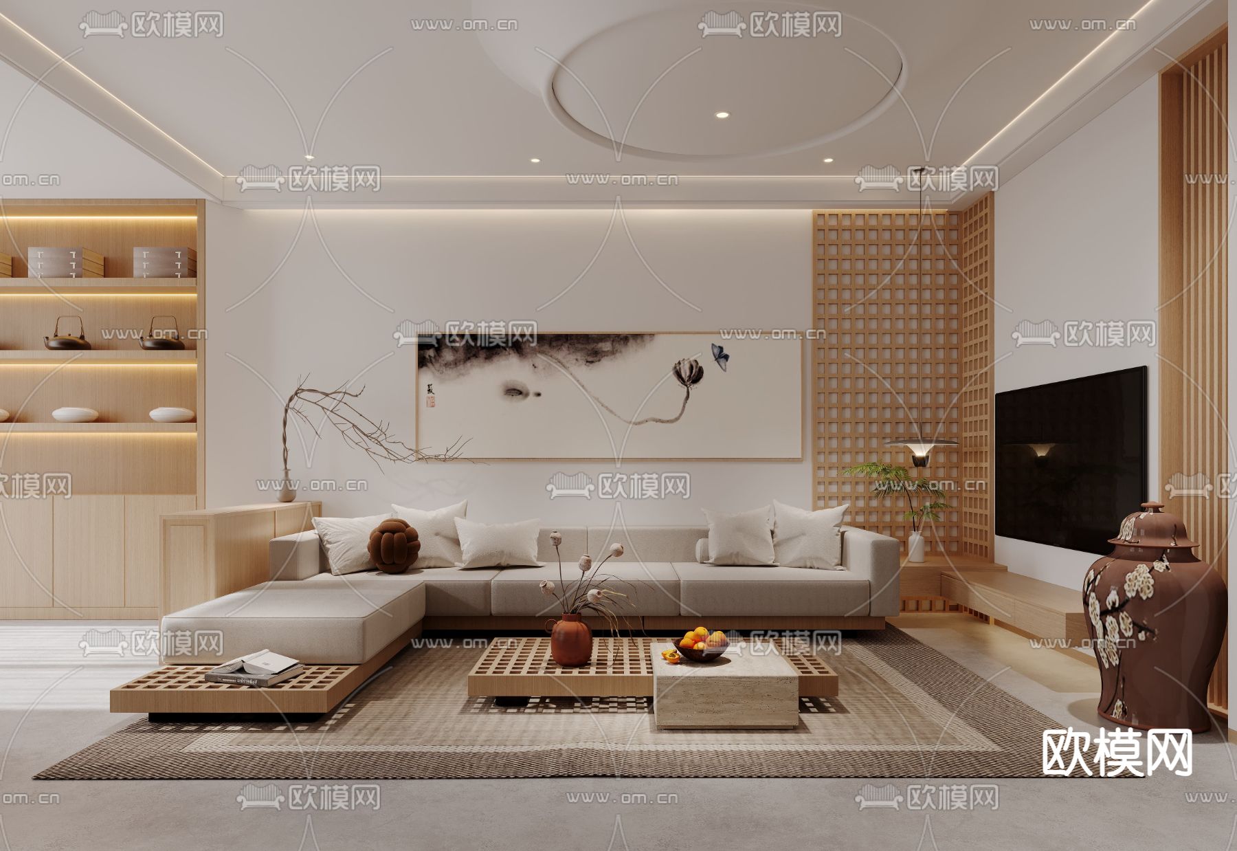 日式客厅su模型下载（渲染图1）