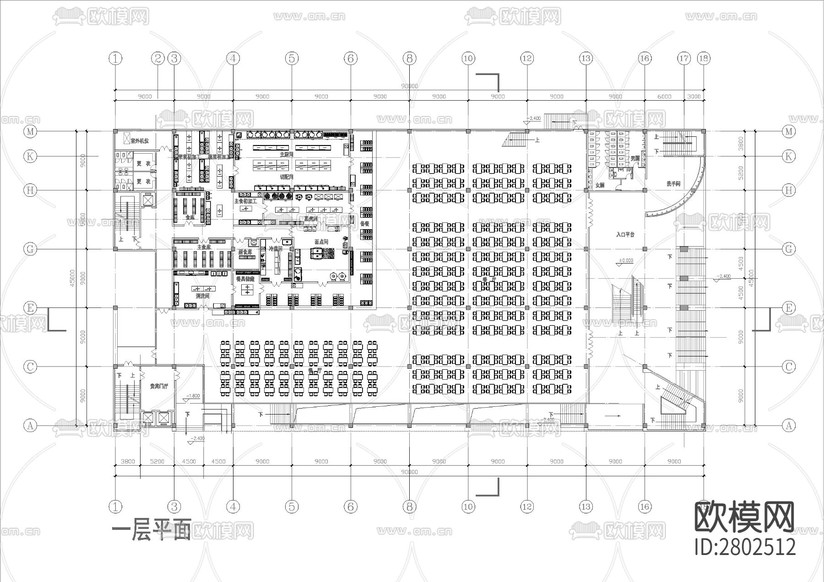 大學(xué)食堂平立剖+廚房流程圖CAD施工圖下載(渲染圖6)