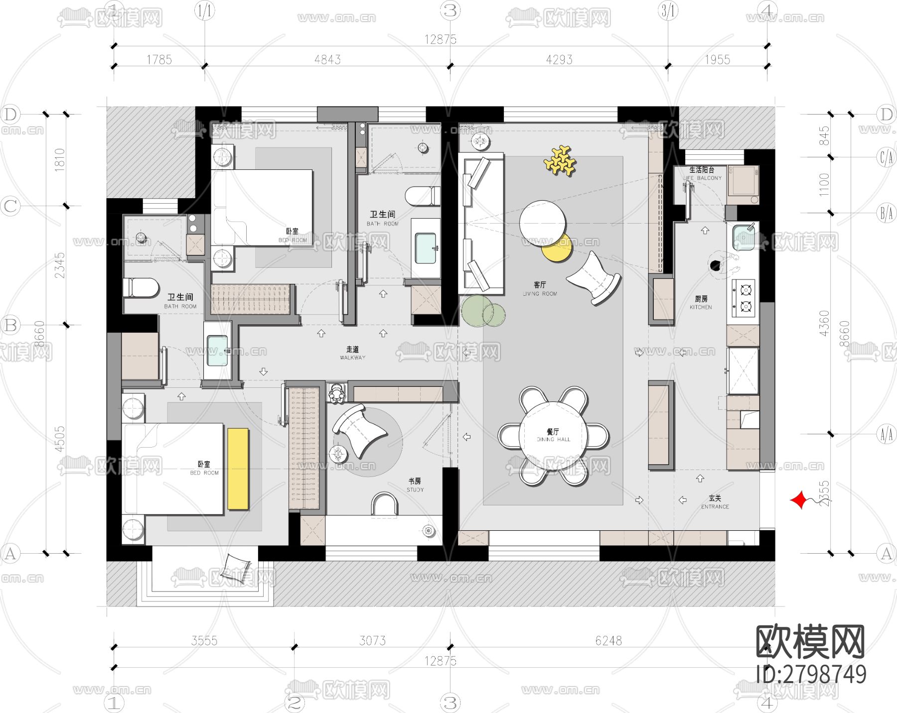 家装平层cad施工图-免费3dmax模型库-欧模网
