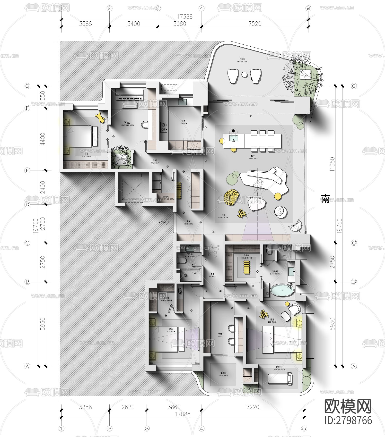 家装平层cad平面图下载（渲染图3）