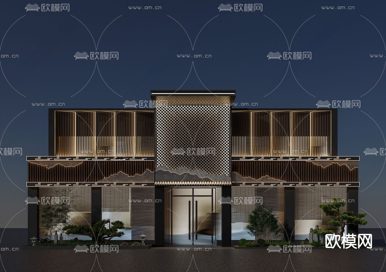 新中式茶馆门头 门面su模型下载（渲染图1）