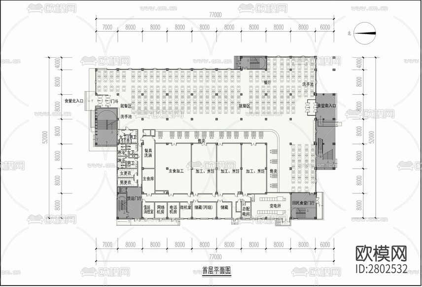 三層大學(xué)食堂大樓CAD施工圖下載(渲染圖2)