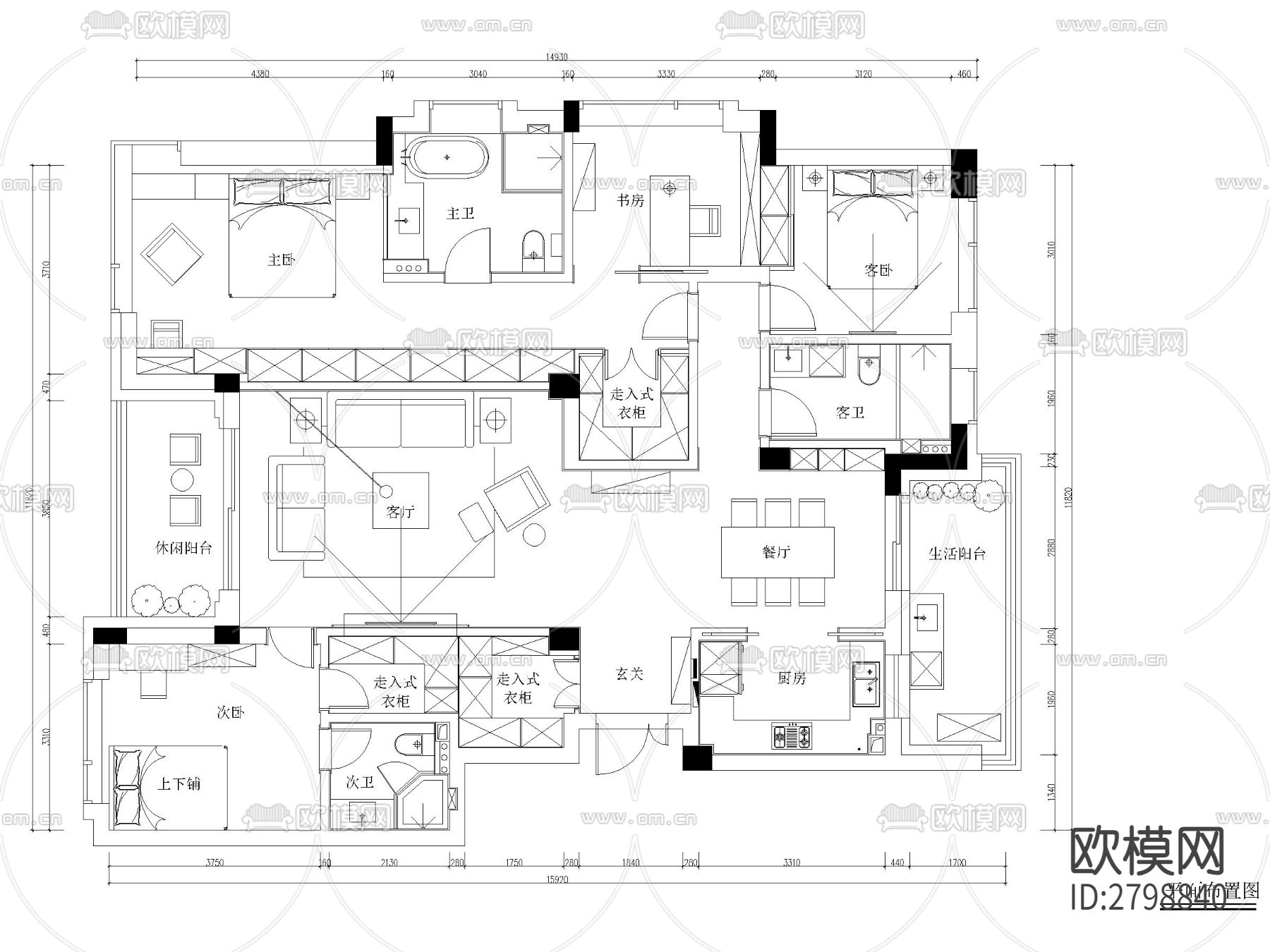 家装平层cad施工图下载（渲染图2）