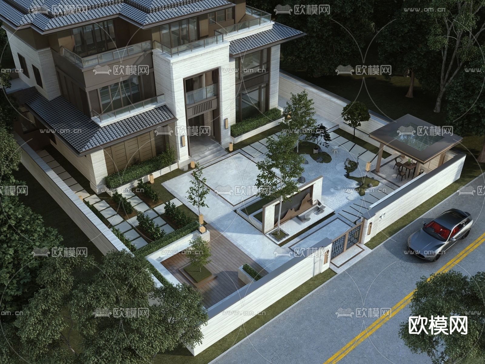 新中式别墅庭院su模型下载（渲染图1）