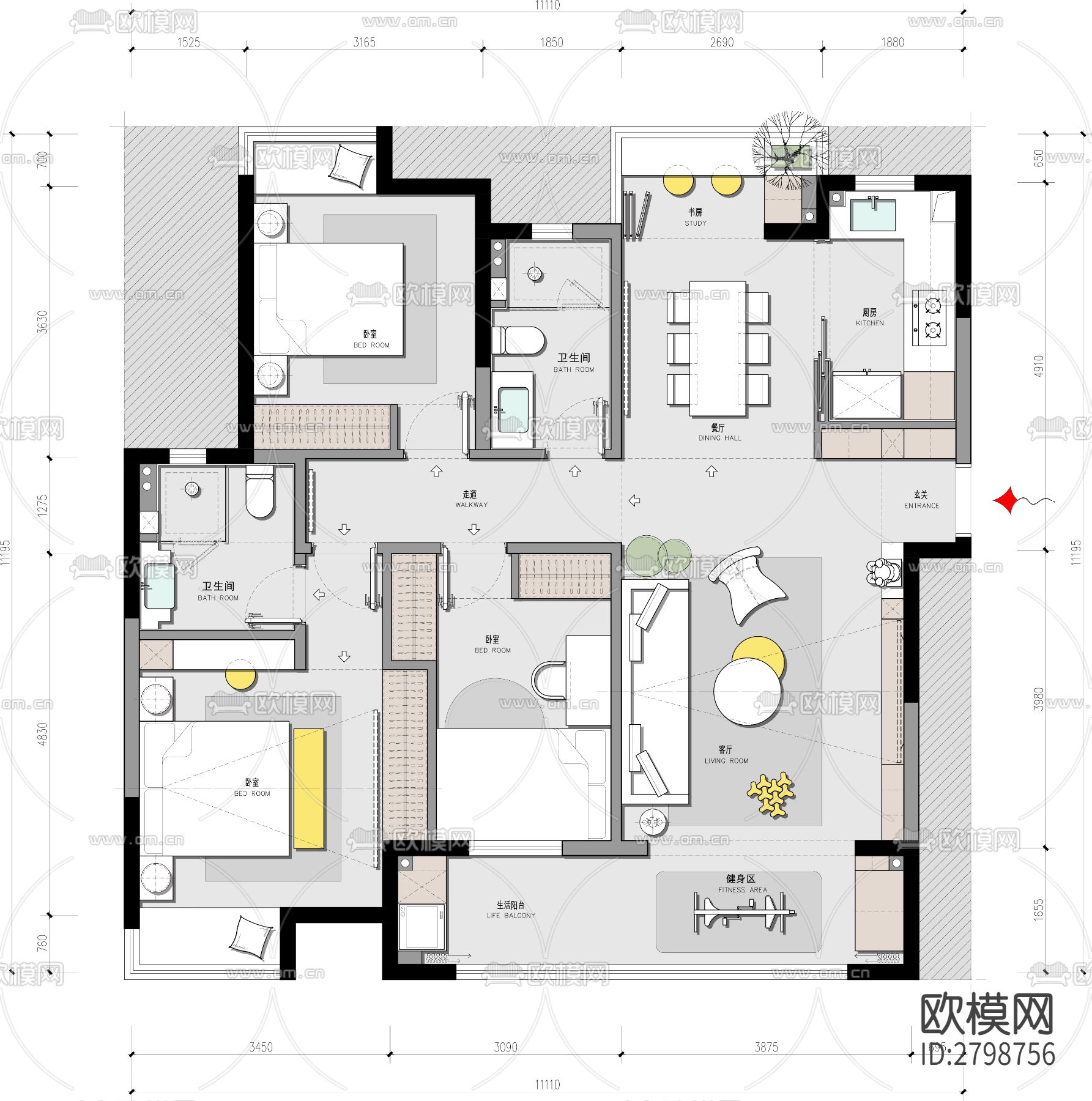 家装平层cad施工图下载（渲染图1）