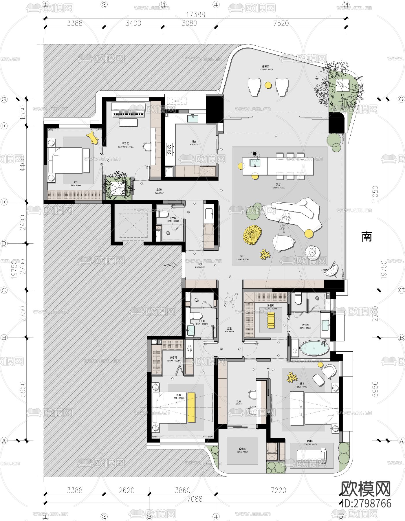 家装平层cad平面图下载（渲染图1）
