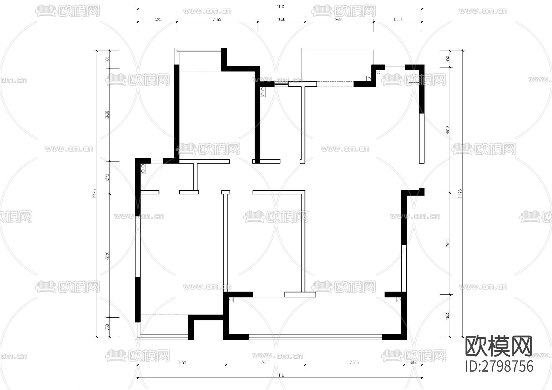 家装平层cad施工图下载（渲染图2）