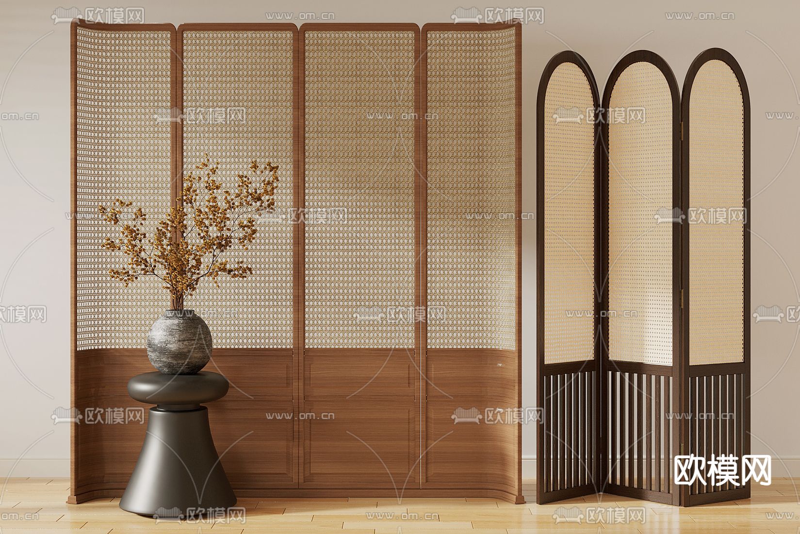 侘寂藤编屏风 隔断3d模型下载