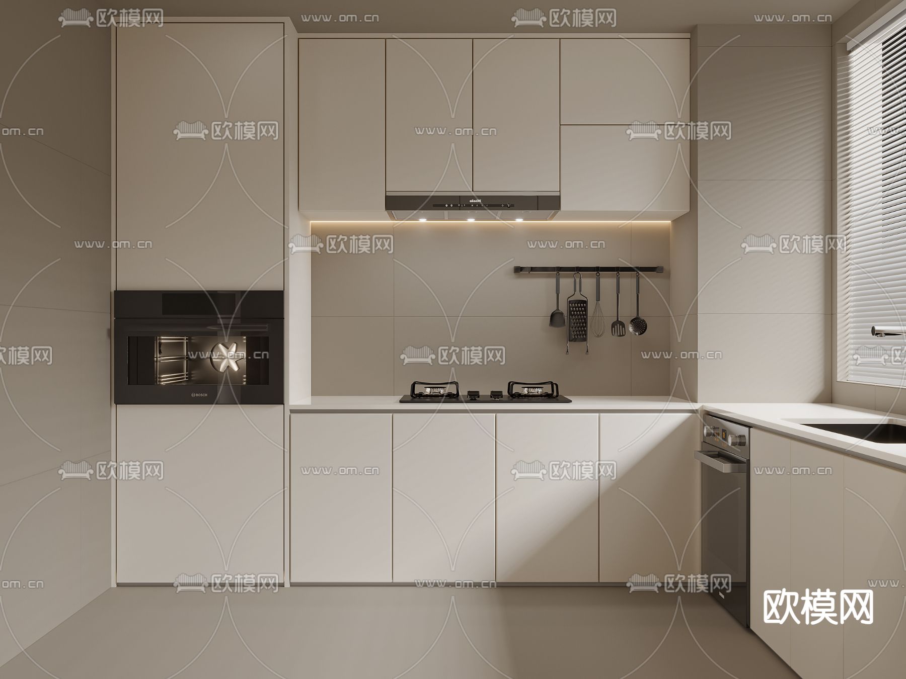 现代厨房橱柜su模型下载（渲染图1）