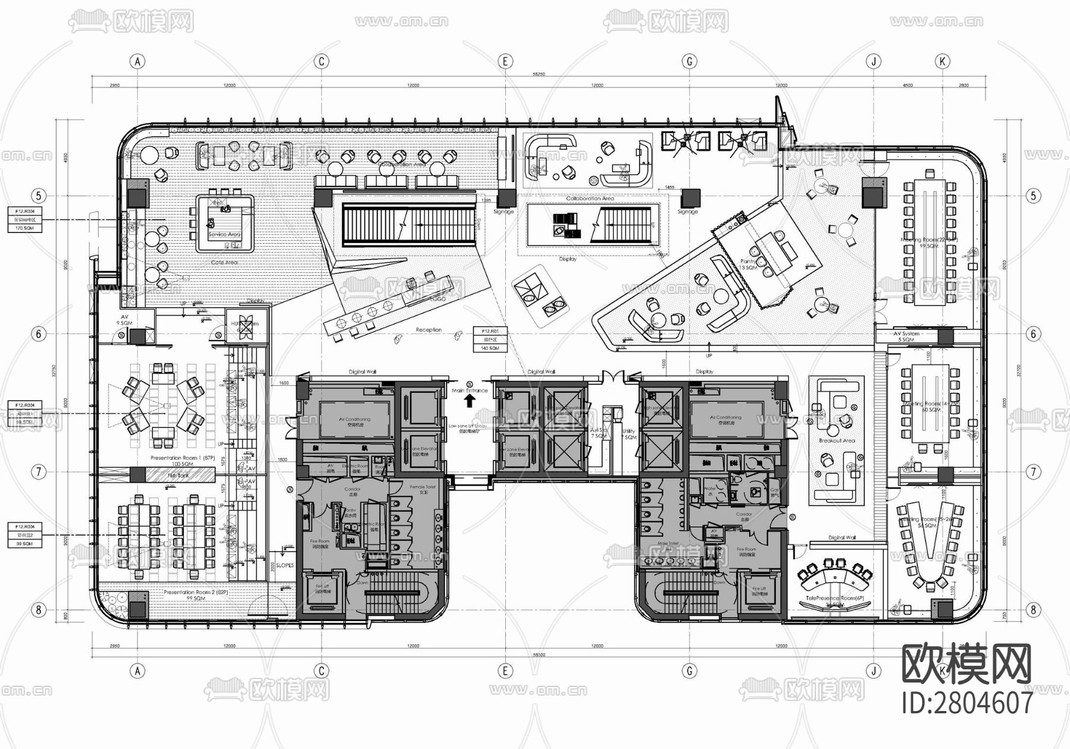 办公空间平面cad施工图-免费3dmax模型库-欧模网