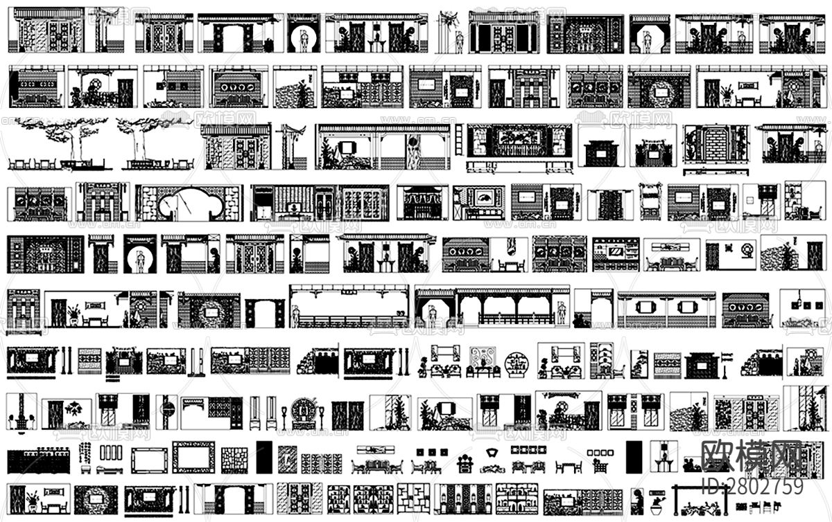 中式图库雕花隔断门窗屏CAD施工图下载（渲染图2）