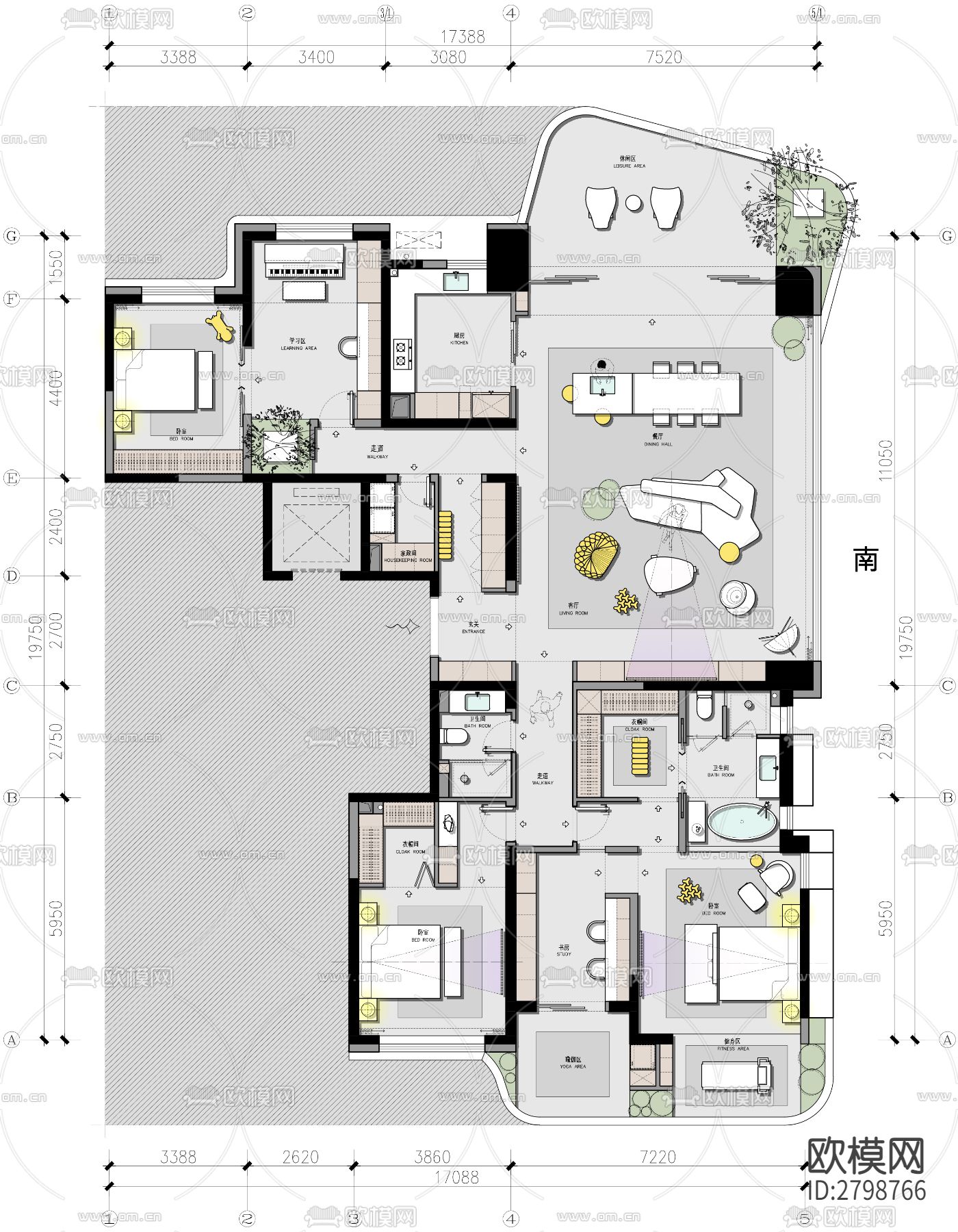 家装平层cad平面图下载（渲染图2）