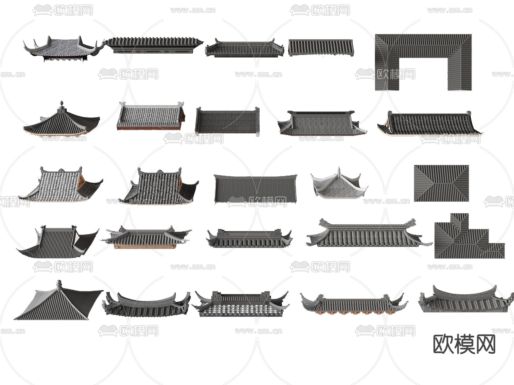 中式屋檐 屋脊 瓦片 房顶3d模型下载