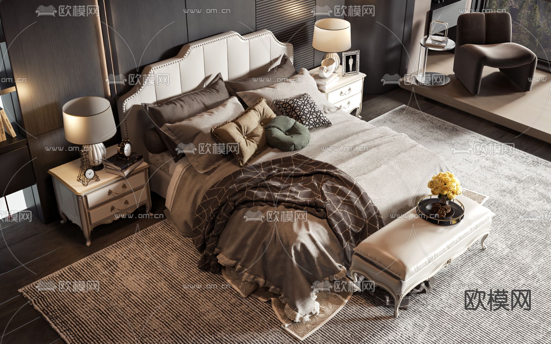 简欧双人床3d模型下载