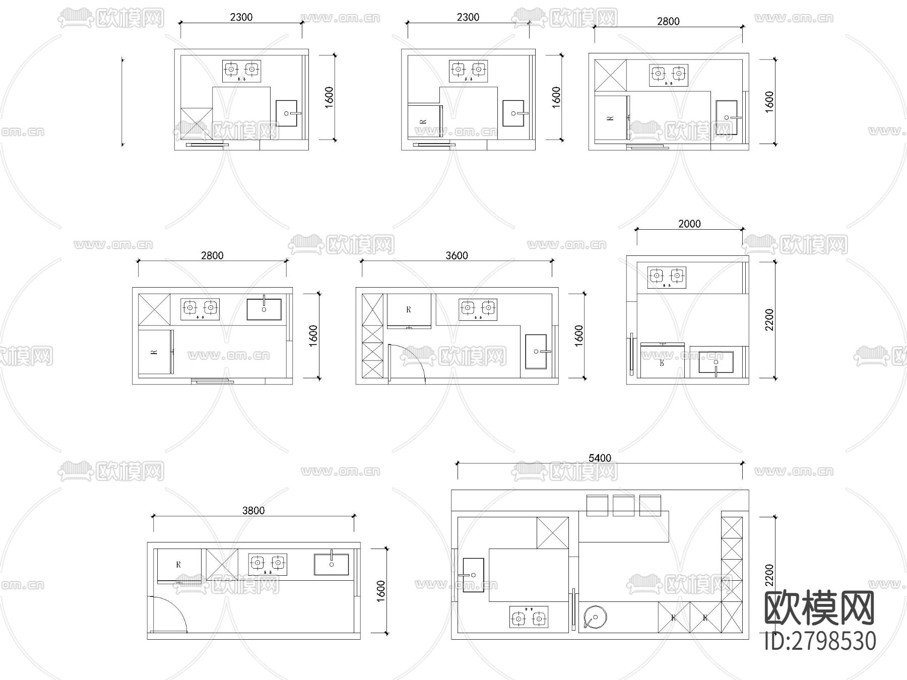 精品100套厨房布局模块cad图库下载（渲染图3）