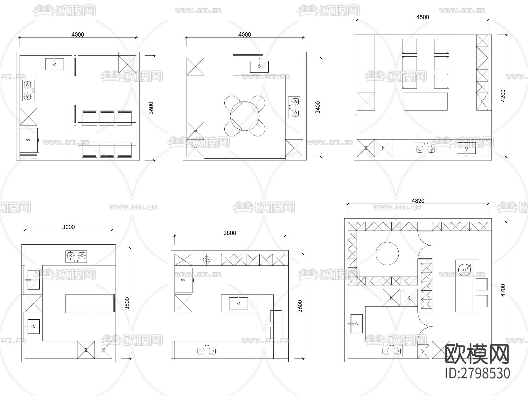精品100套厨房布局模块cad图库下载（渲染图8）